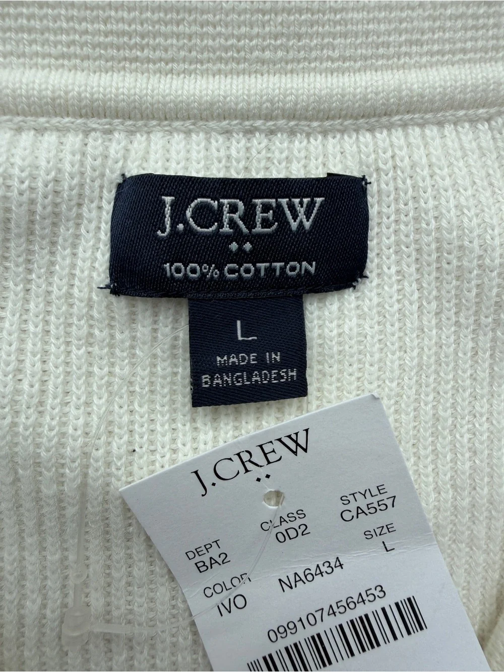 NWT J. Crew Me’s Ivory Ribbed Cotton Quarter-Zip Sweater Polo Size L
